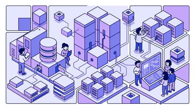 Isometric Data Center Illustration Featuring IT Professionals Managing Cloud Computing Infrastructure and Server Racks