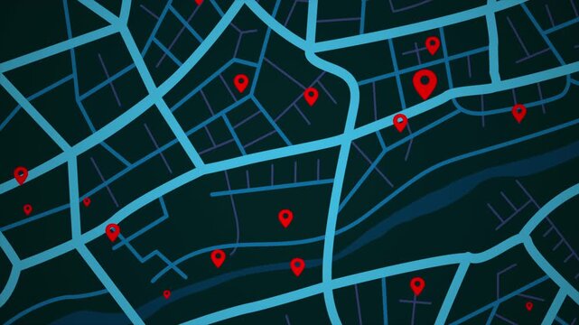4K UHD Animated city map with location pins and navigation routes. Modern GPS tracking concept for smart city