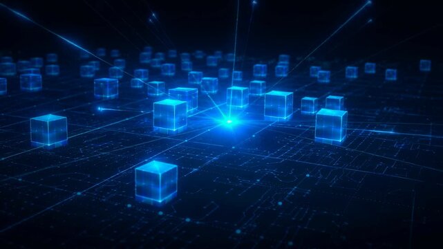 Futuristic digital landscape with glowing blue cubes interconnected by neon circuits in a high tech environment