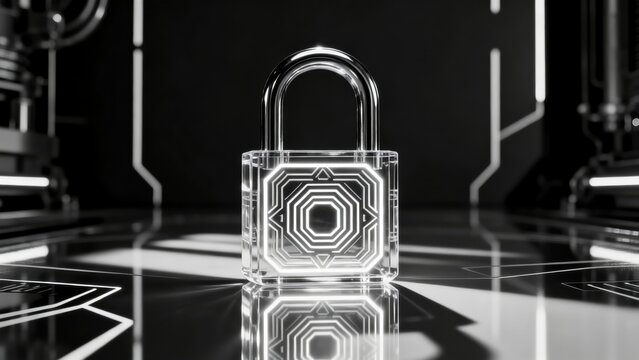 Transparent lock with glowing pattern on reflective surface