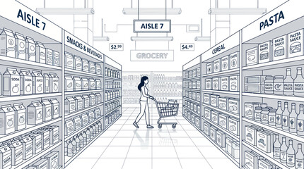 Woman pushing shopping cart down a supermarket grocery aisle © Kasino