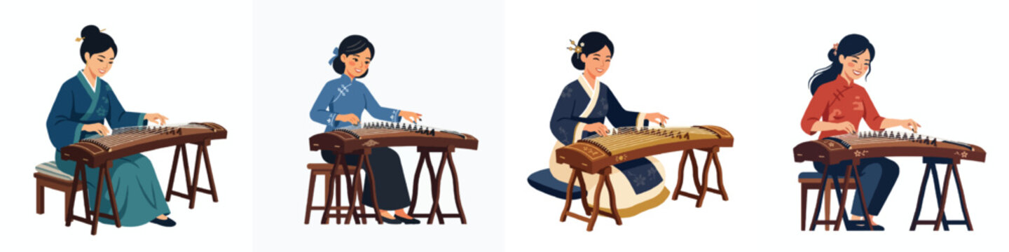 A minimalist flat design of a woman happily playing the Guzheng (zither). Clear focused facial features, no outlines, elegant and simple vector shapes, white background.