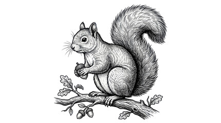 Squirrel with acorn perched on an oak branch in engraved style © Kasino