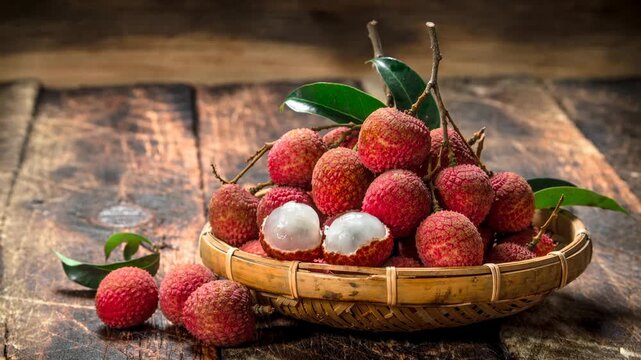 Rustic basket filled with fresh lychee fruit some split open showing juicy white flesh close up