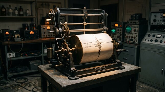 Vintage seismograph machine recording earthquake data in a retro laboratory