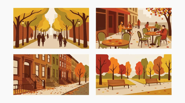 Four autumnal scenes depicting vibrant fall foliage and city life. A tree-lined street with people walking, a cafe with outdoor seating, a brownstone street.