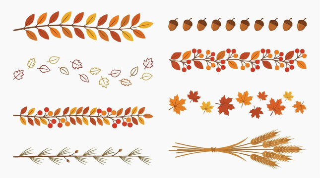 A collection of beautiful autumn-themed decorative elements, including leaves, acorns, berries, and wheat stalks, perfect for seasonal design projects