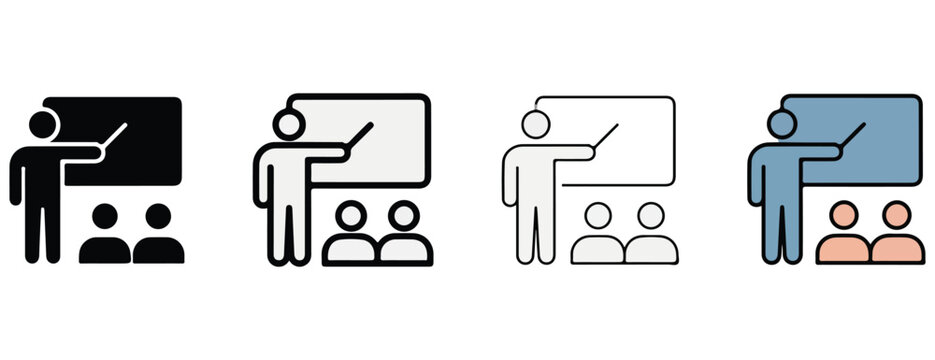 Business presentation icons showing speakers addressing audiences with boards in various styles isolated on transparent background