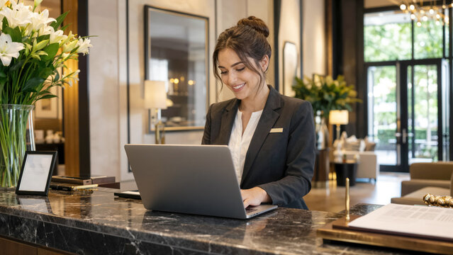 Boutique hotel receptionist managing cloud booking on laptop at modern stylish front desk