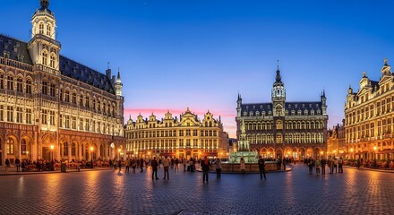 Fototapeta premium Evening view of historical buildings with people in a public square