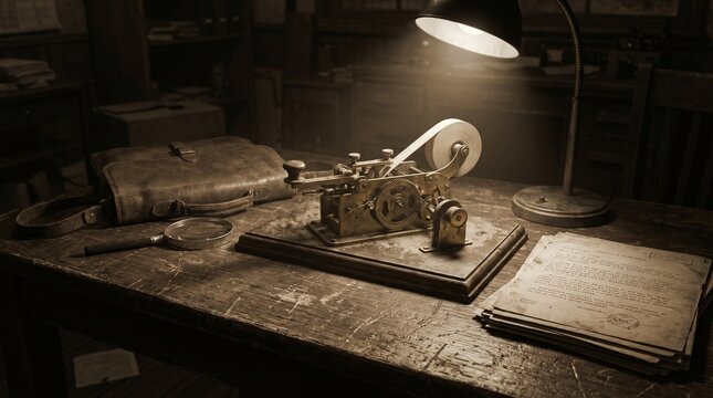 Antique telegraph machine on a dusty wooden desk under a vintage lamp, historical communication concept