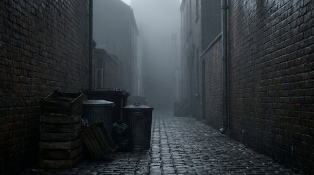 Dark and spooky narrow alleyway shrouded in thick fog, wet cobblestone street with brick walls and trash cans in a gloomy atmospheric city
