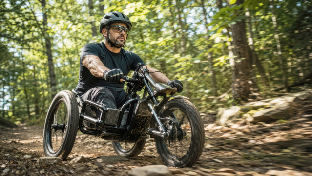 Man using adaptive electric handcycle on forest trail for high tech inclusive mountain biking adventure