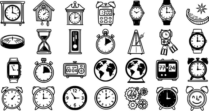 Black and White Line Art Icons of Various Clocks and Timekeeping Devices, Technology and Time Concept