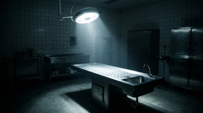 Eerie empty morgue room with stainless steel autopsy table illuminated by a dramatic overhead surgical light