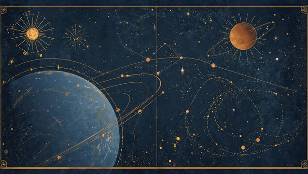 紺色の背景に金色の惑星と軌道が描かれた天体図素材