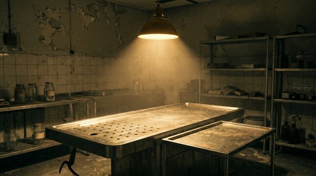 Creepy Abandoned Morgue Interior with Metal Autopsy Table Illuminated by a Single Hanging Lamp