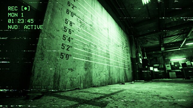 CCTV night vision surveillance footage of empty police lineup mugshot wall with height chart in gritty warehouse