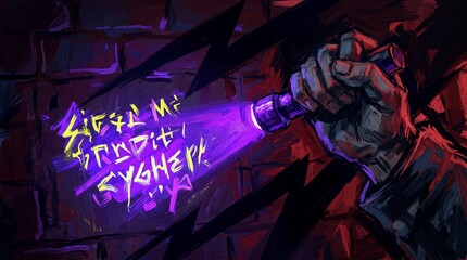Obraz premium Hand holding a UV flashlight revealing secret glowing graffiti on a dark brick wall, mystery and investigation concept illustration