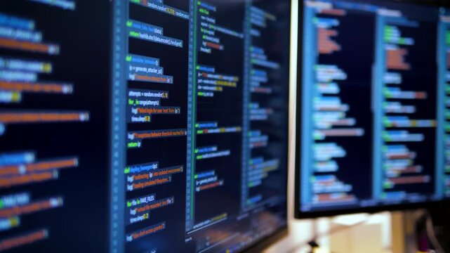 Close up computer monitors displaying fictional programming code and software development interface, technology workspace concept