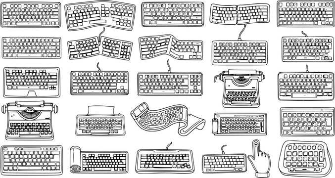 Black and White Line Art Collection of Various Keyboards and Typewriters, Technology Concept