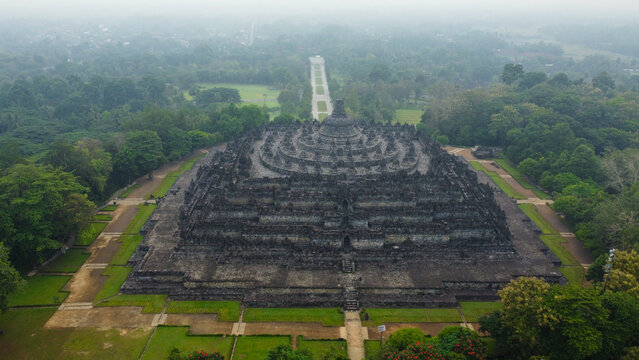 Borobudur temple complex from above on a foggy morning