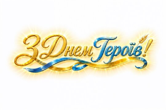 Elegant golden and blue 3D calligraphy with the Ukrainian greeting &ldquo;Happy Heroes Day&rdquo;, decorated with a flowing ribbon, wheat ear, and radiant glowing effects, isolated on a white background.