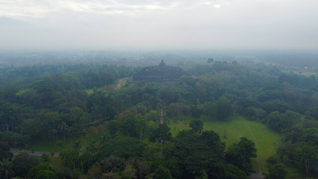 Borobudur temple rising from indonesian jungle at dawn