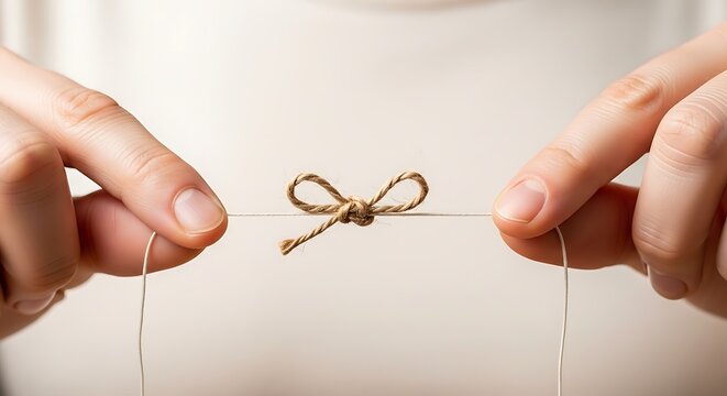 Hands tying a decorative knot on a thin string against neutral background