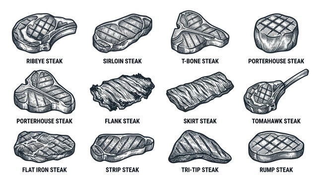Beef steak cuts collection with labels in vintage engraved style