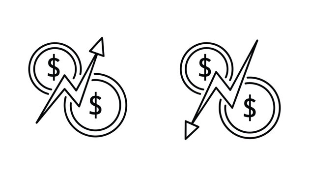Vector icons of dollar coins with arrows indicating financial growth and decline on white background