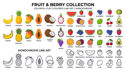 Comprehensive fruit and berry icon set in multiple graphic styles © Kembang