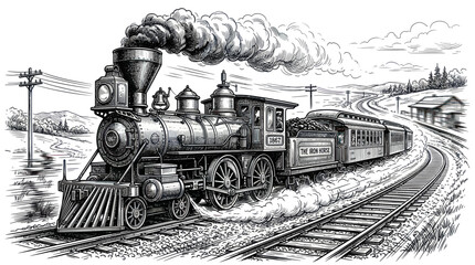 Vintage steam locomotive train moving through a rural landscape © Kembang