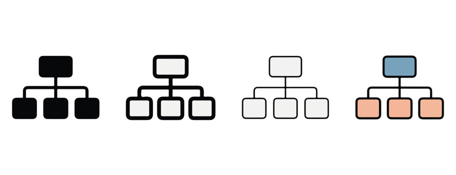 Hierarchical structure diagrams showing different colored boxes connected by lines representing organizational charts flowcharts and decision trees isolated on transparent background