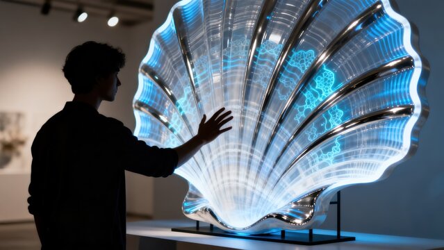 Person interacting with illuminated shell sculpture