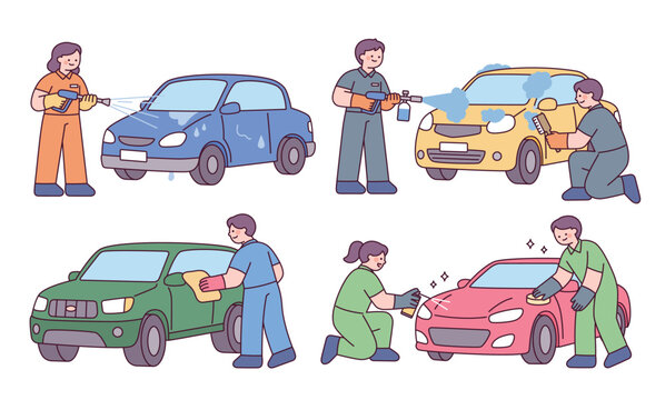 People washing, cleaning, and detailing cars with water spray and polishing tools in a flat vector style.