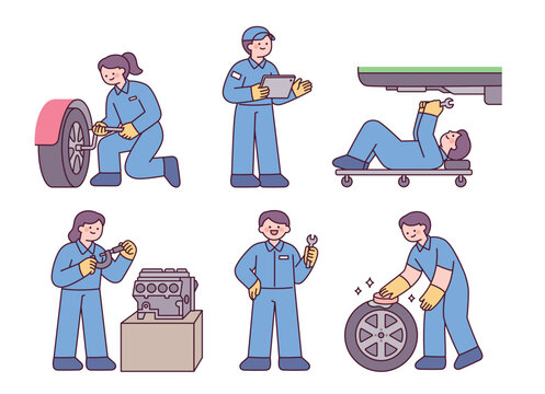 Auto repair and vehicle maintenance workers performing inspection, tire service, and mechanical repair in a flat vector style.