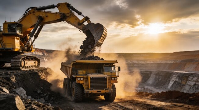 Large Excavator Loading Ore into Heavy Dump Truck in Open Pit Mine at Sunset Industrial Scene