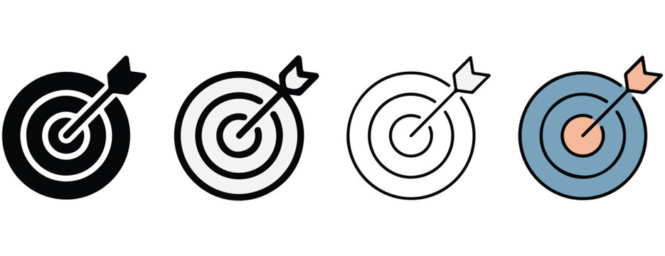 Target icons featuring arrows hitting bullseyes in various styles including solid black white line art and blue gradient perfect for business presentations marketing materials and goal setting visuals