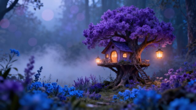 Treehouse in mystical forest with purple blooms