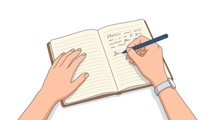 Fototapeta premium Person writing in a notebook with a pen, top down view Vector