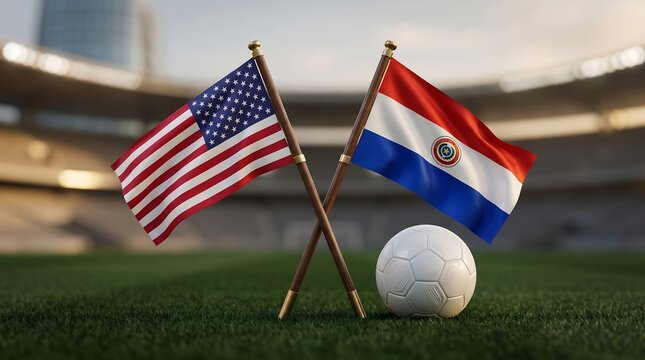 USA and Paraguay Flags Crossed on Soccer Field with Ball, Sports Competition