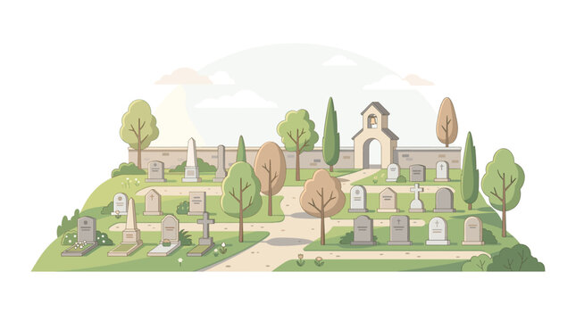 Peaceful Cemetery Scene with Gravestones Trees and Archway Illustration Vector