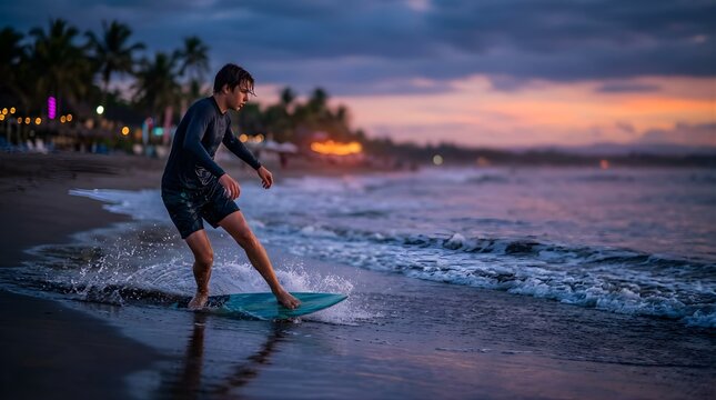 Young man skimboarding on sandy beach at sunset near tropical shoreline