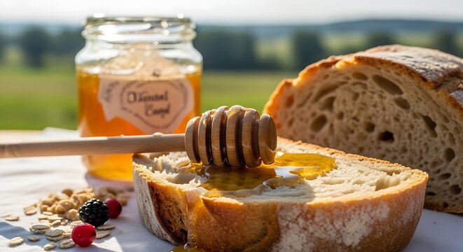 Honey and bread still life with dipper and jar outdoors