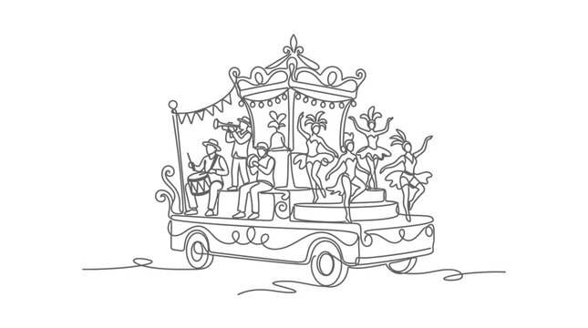 Hand-drawn parade float with musicians and dancers, festive celebration, single line art