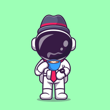 Cute Astronaut Businessman Drinking Hot Coffee Cartoon 