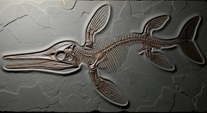 Fossilized plesiosaur skeleton preserved in stone against a dark background