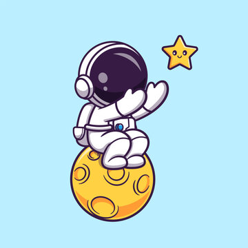 Cute Astronaut Sitting On Moon With Star Cartoon