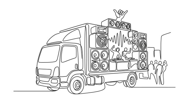 Mobile DJ Truck with Speakers and Crowd, Continuous Line Art
